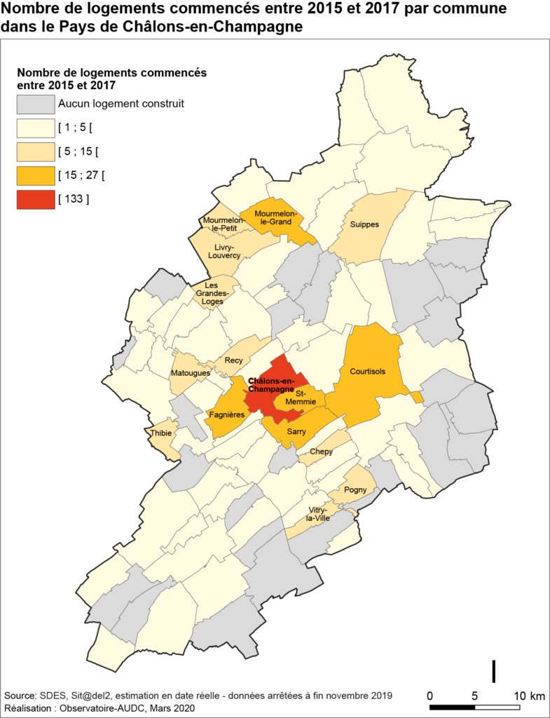 Nombre de logements commencés entre 2015 et 2017 par commune dans le Pays de Châlons-en-Champagne