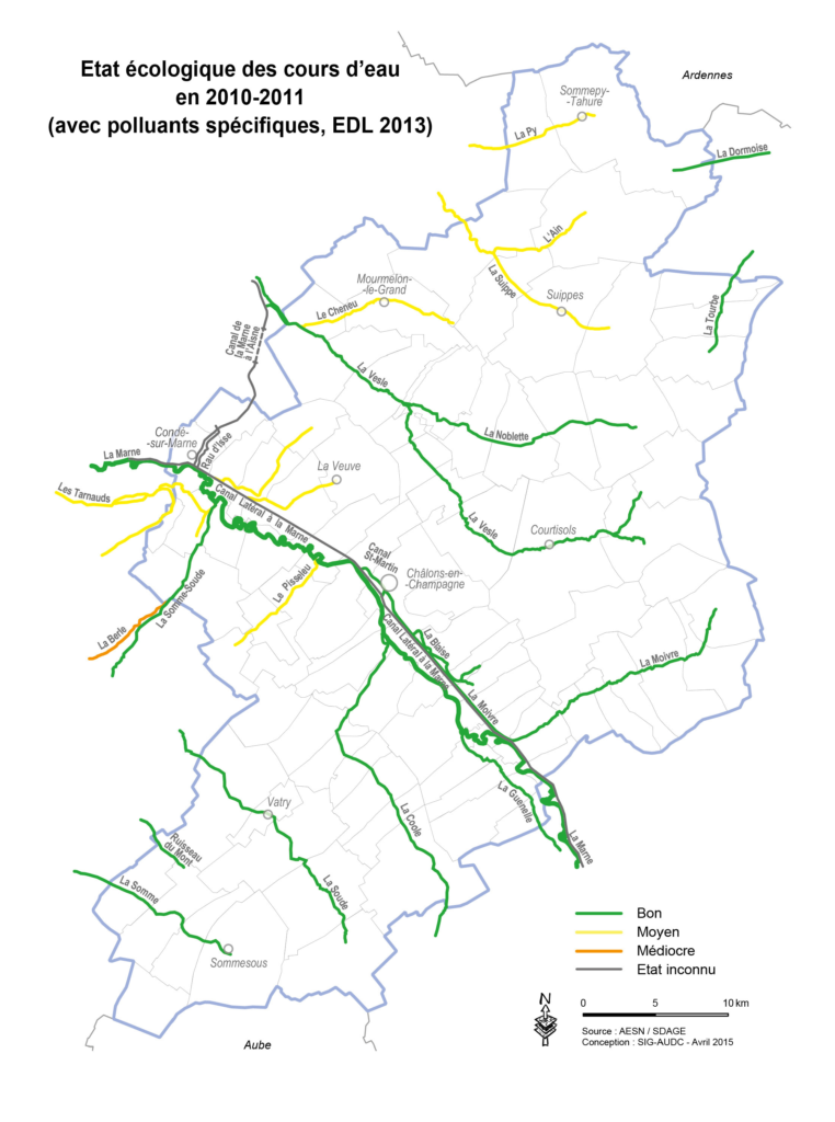 État écologique des cours d'eau en 2010-2011 ( avec polluants spécifiques, EDL 2013 )